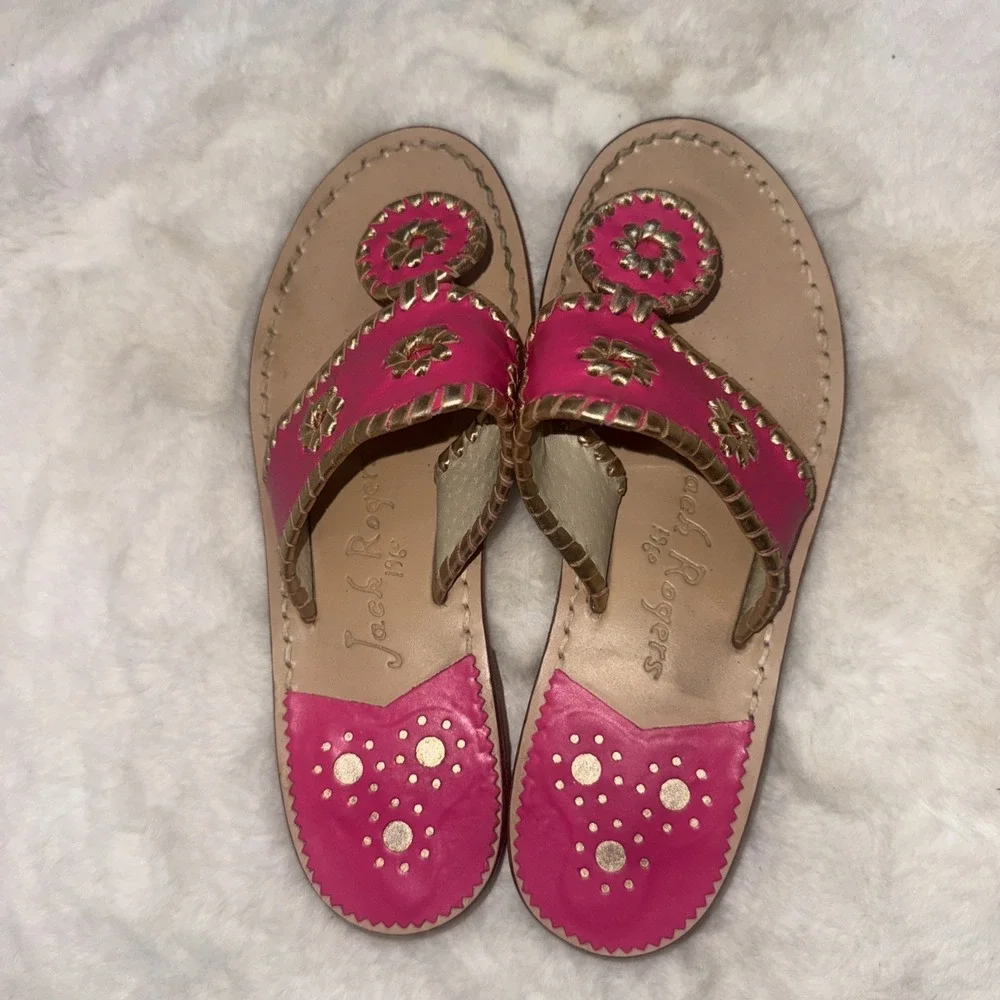 Jack Rogers Pink Gold‎ Leather Preppy Medallion Old Money Sandals Womens Size 5m